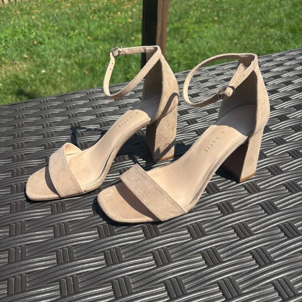 Kelly and Katie Block Heel Tan Fabric-Covered Sandals (8M)